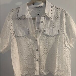 White Eyelet Button-Up Shirt with Silver Accents